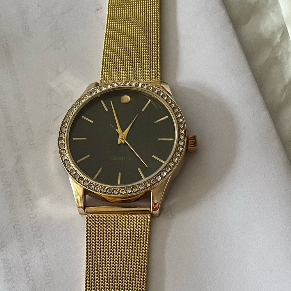 Gold Quartz Men's Watch with Crystal Accents